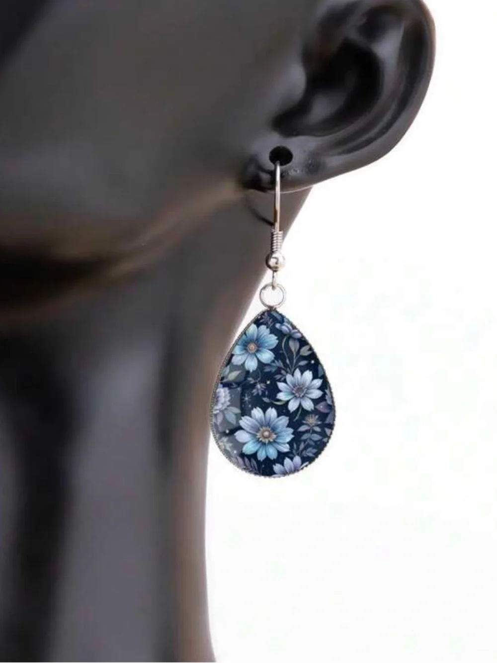 Floral‎ Teardrop Drop Earrings - Blue